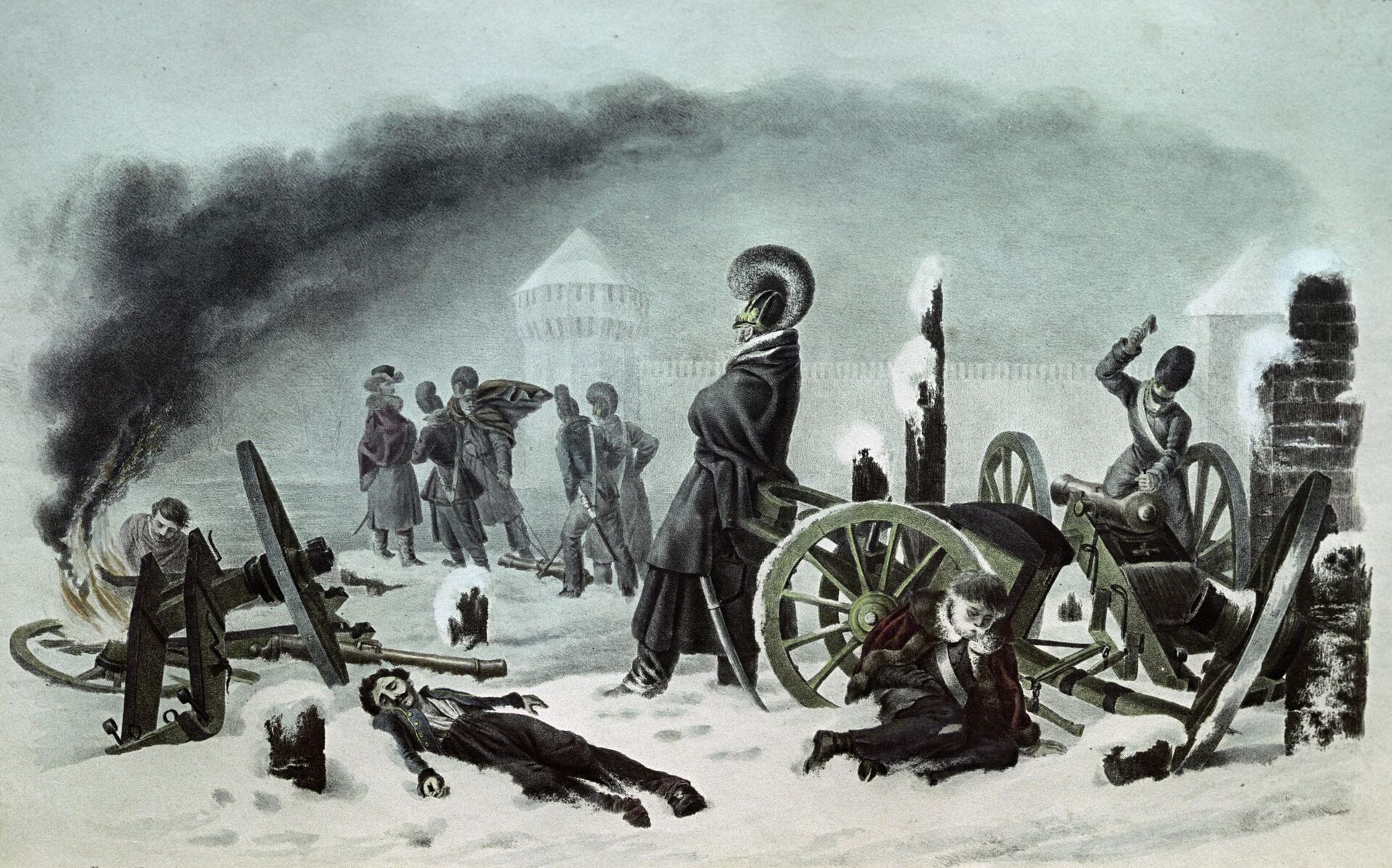 Репродукция рисунка Французские войска в Смоленске 28 октября 1812 года