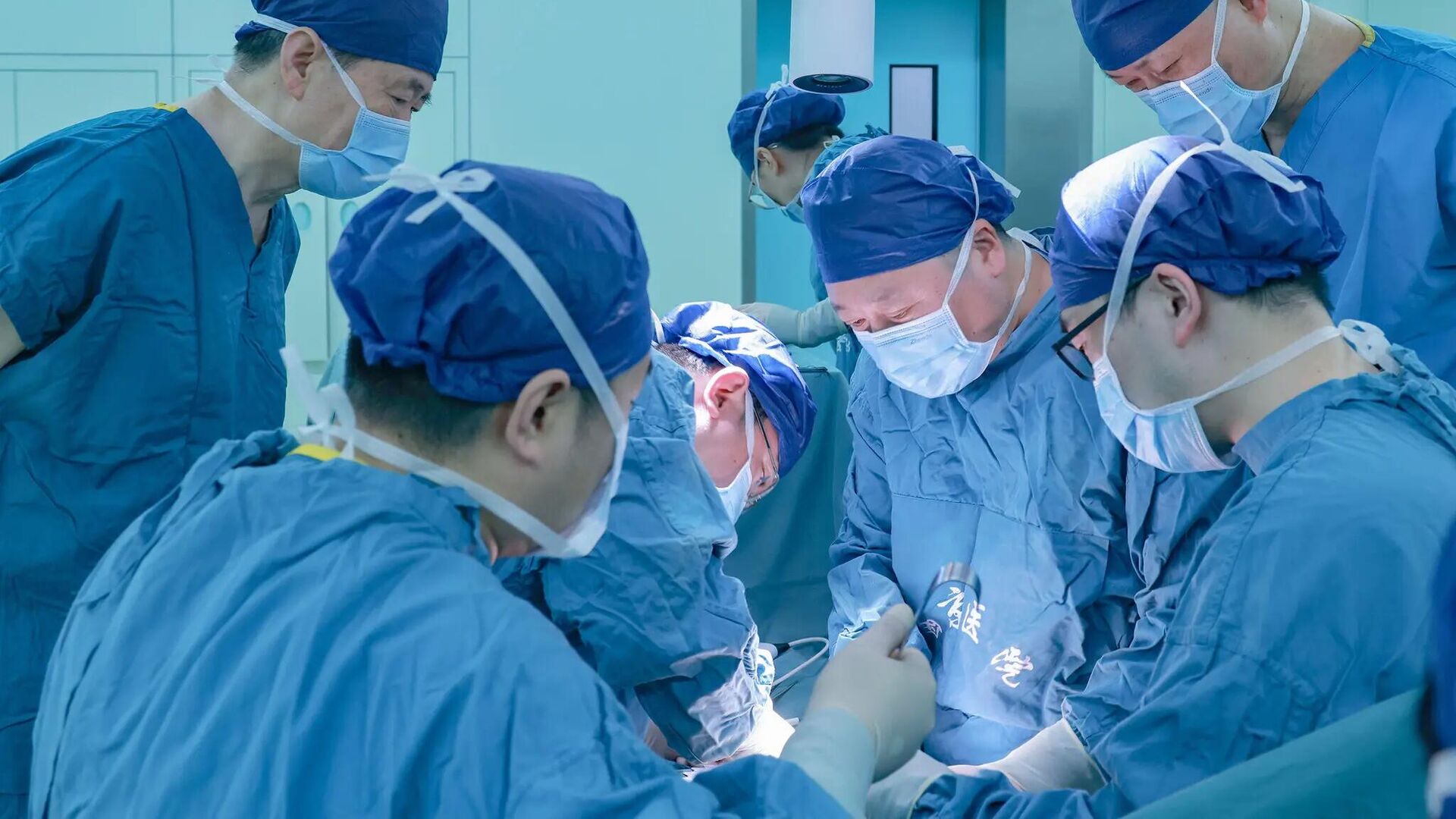 Китайские хирурги из больницы Сицзинь при Медицинском университете ВВС проводят трансплантацию печени генетически модифицированной свиньи